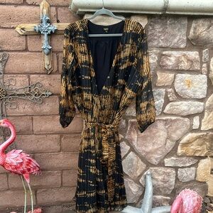 Maree Pour Toi Wrap Dress Maxi Long Sleeve Sheer Chiffon Black Gold Plus Size 22